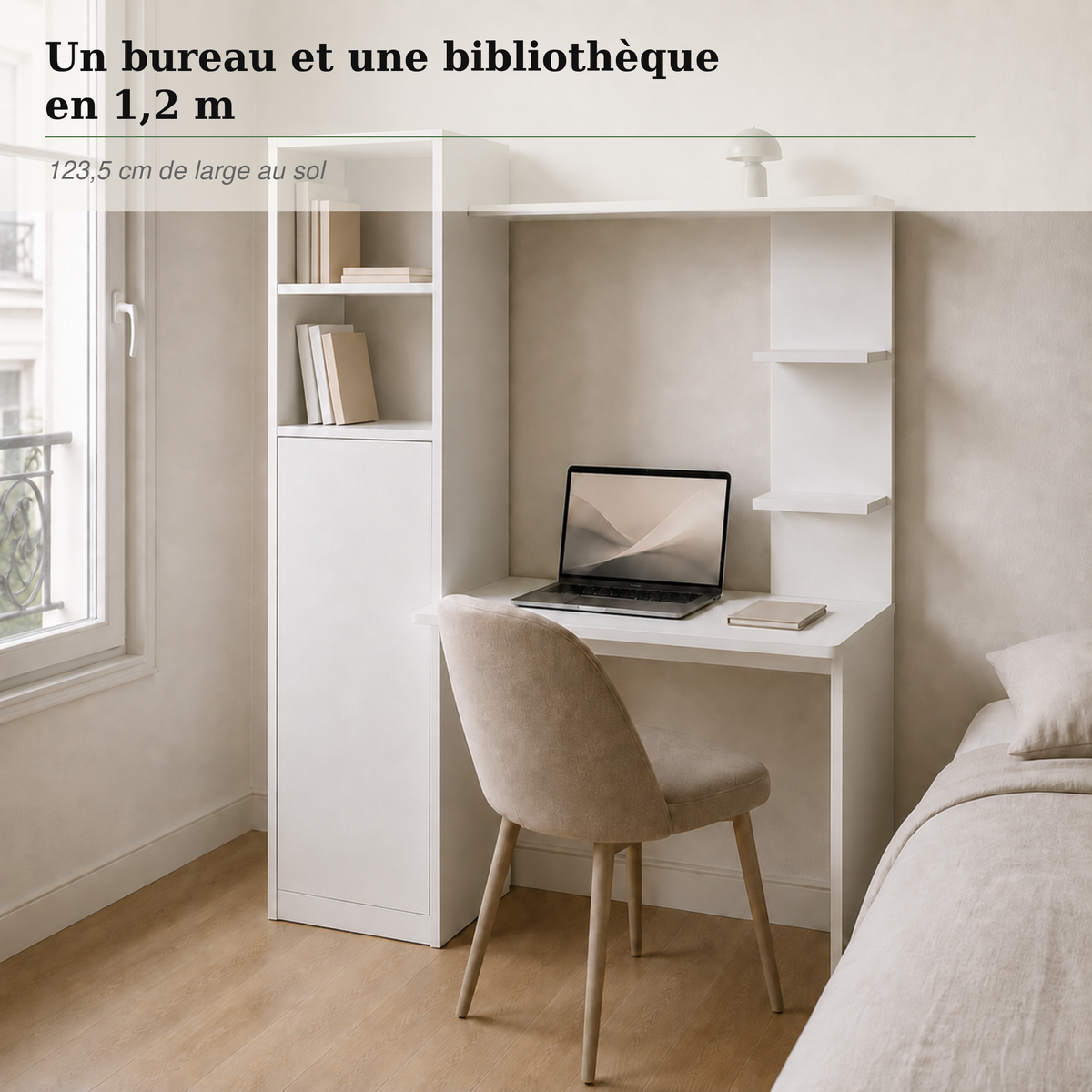 Bureau avec bibliothèque gain de place 123,5 cm et rangements intégrés