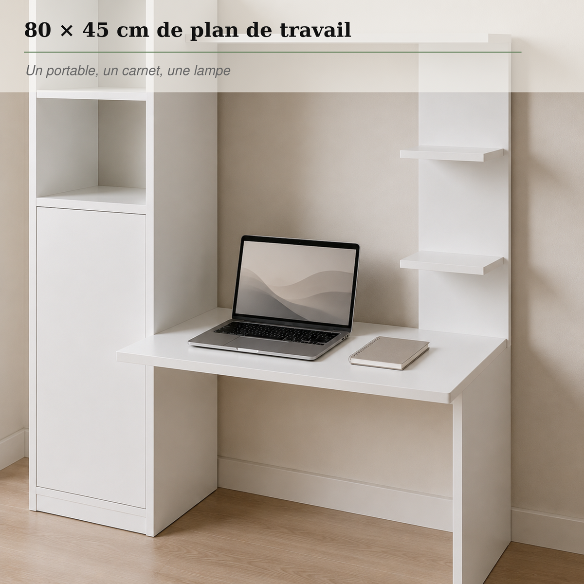 Bureau avec bibliothèque gain de place 123,5 cm et rangements intégrés