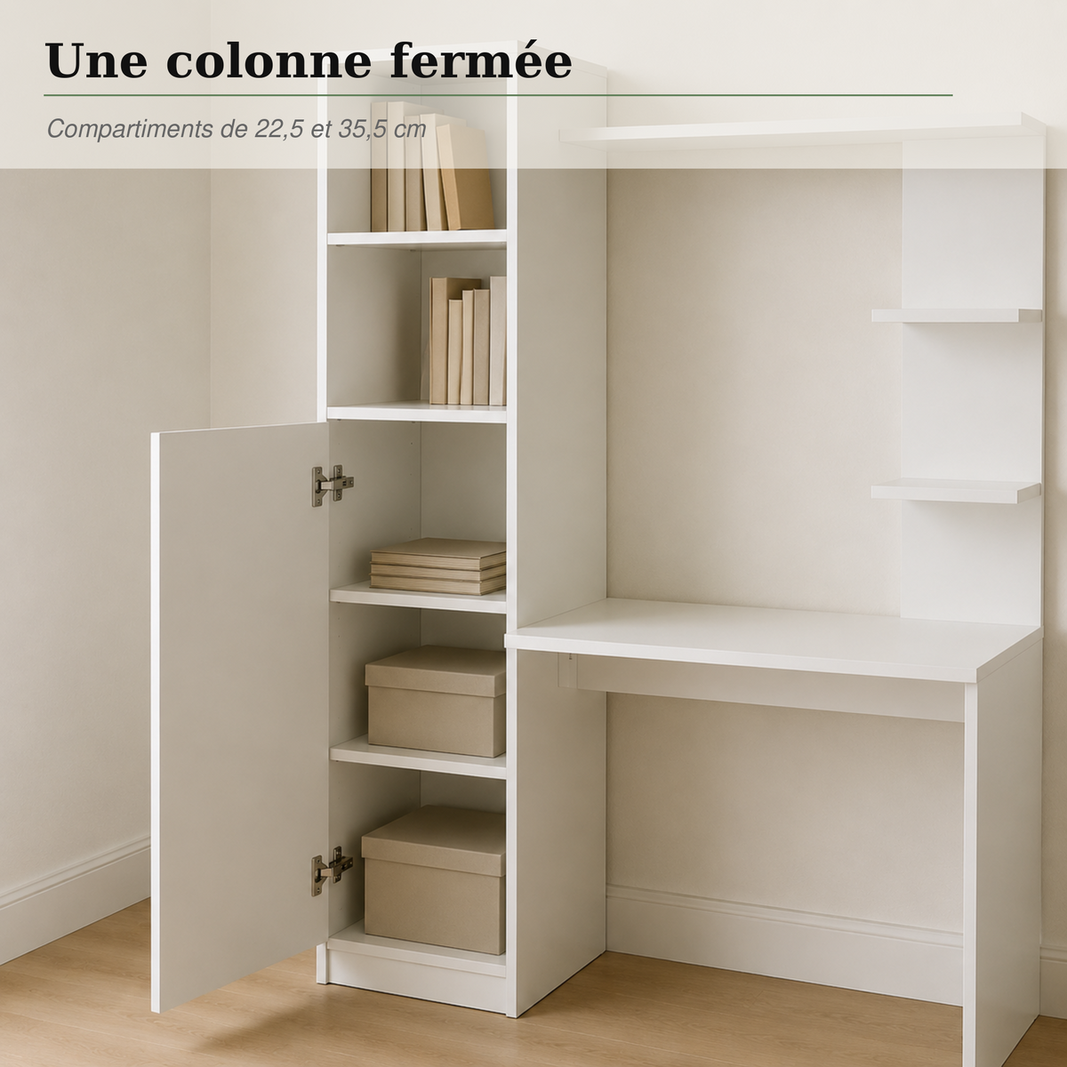 Bureau avec bibliothèque gain de place 123,5 cm et rangements intégrés