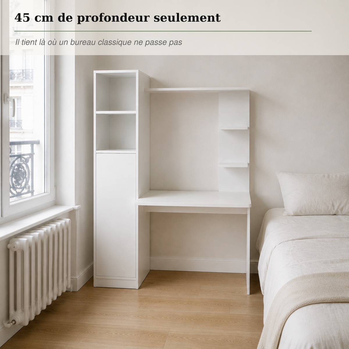 Bureau avec bibliothèque gain de place 123,5 cm et rangements intégrés