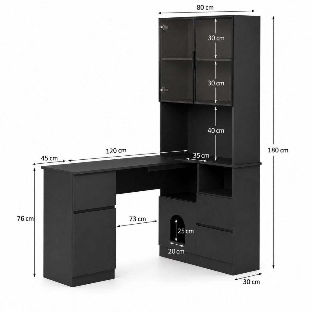 Bureau d’angle avec rangement noir et vitrine LED | StJean-Workspace