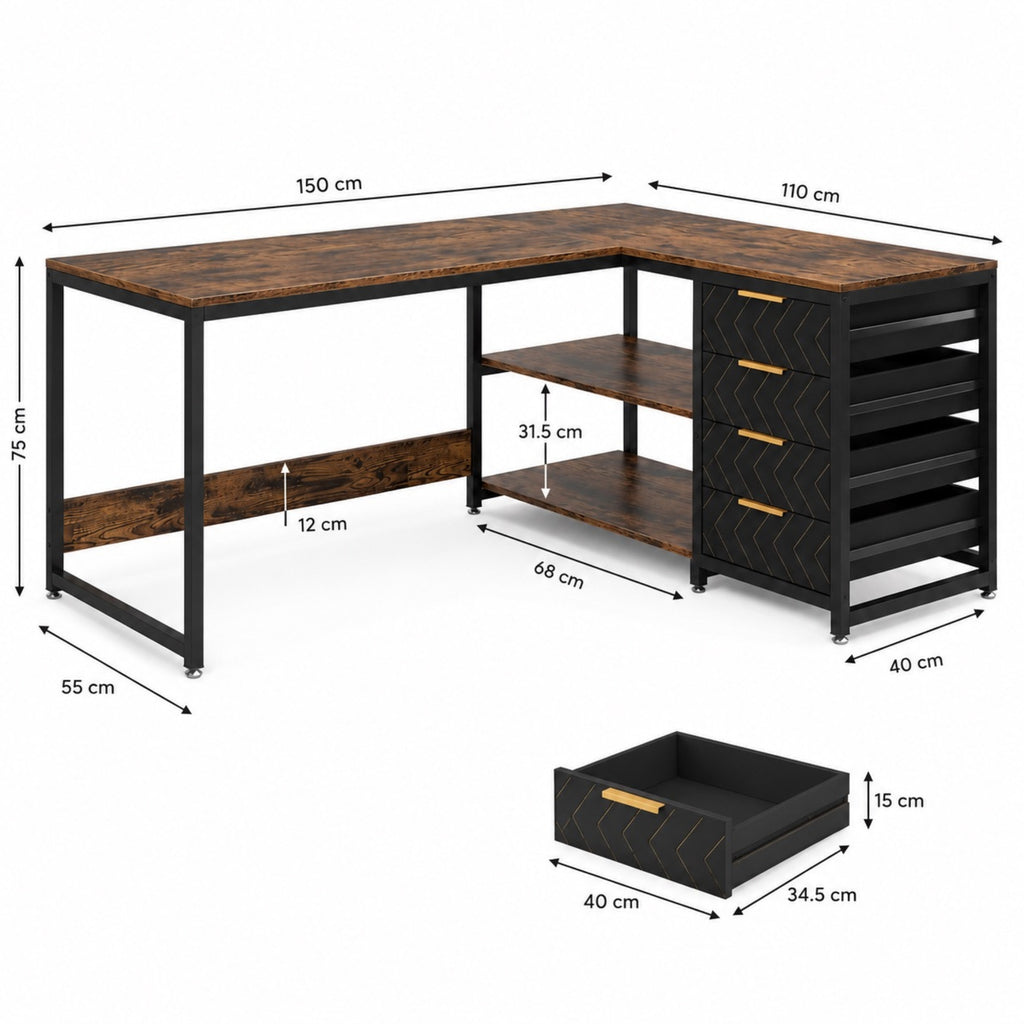 Bureau d’angle avec rangement 4 tiroirs | StJean-Workspace
