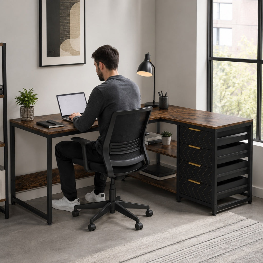 Bureau d’angle avec rangement 4 tiroirs | StJean-Workspace