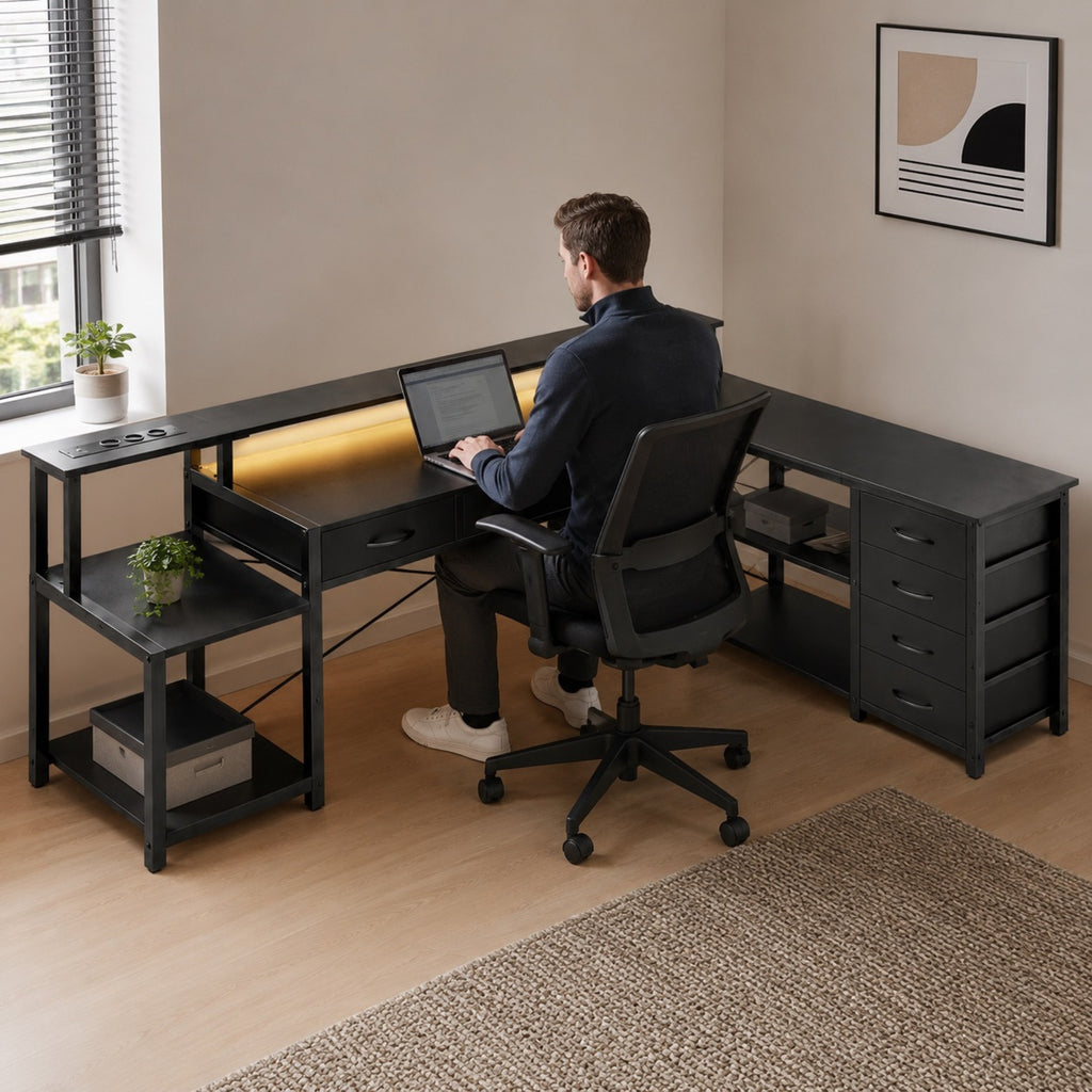 Bureau d’angle avec rangement, LED et ports USB | StJean-Workspace