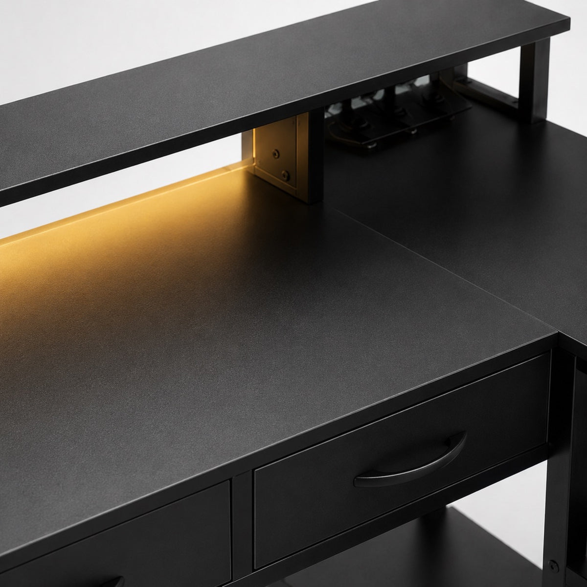 Bureau d'angle 200 cm noir avec rangement, LED et USB