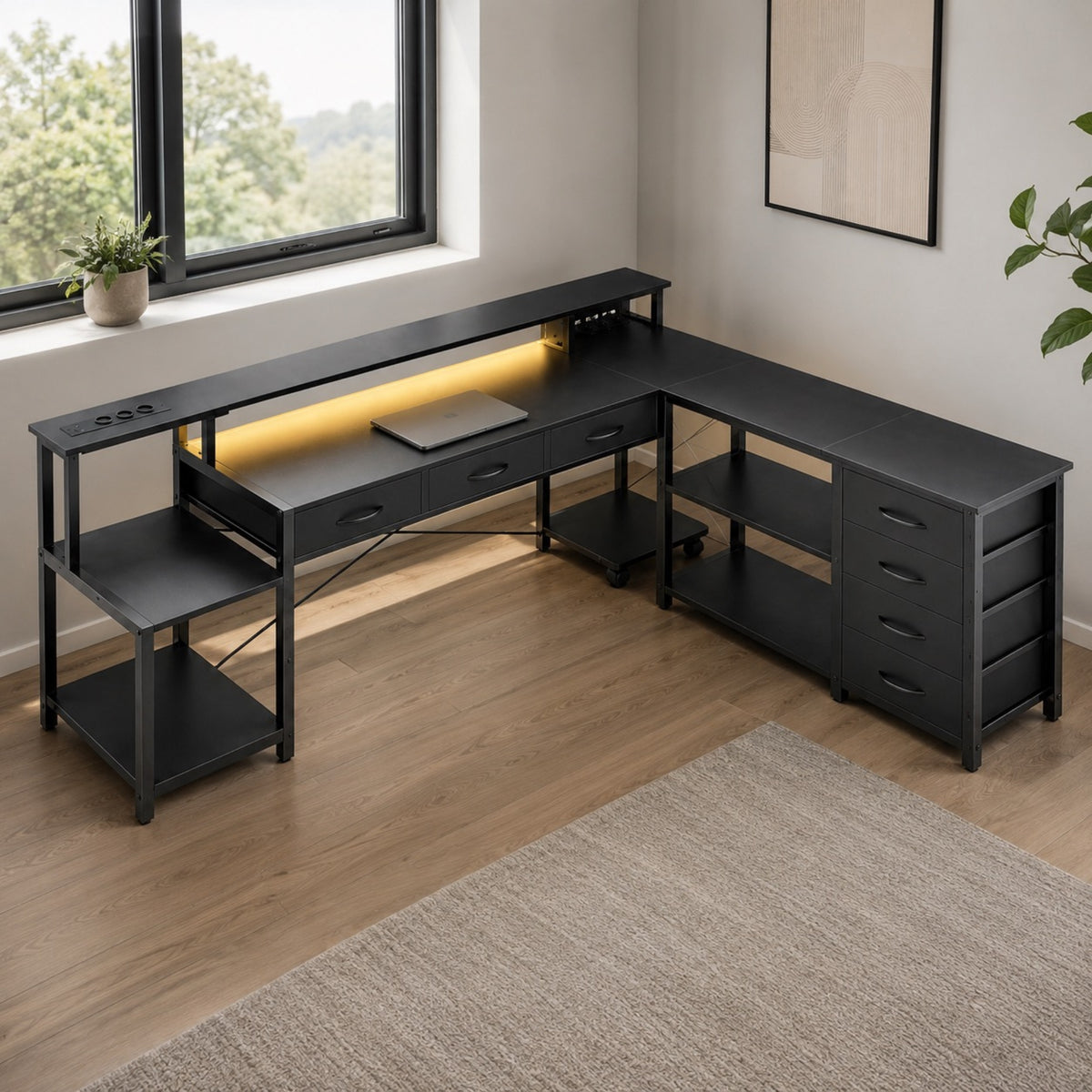 Bureau d'angle 200 cm noir avec rangement, LED et USB