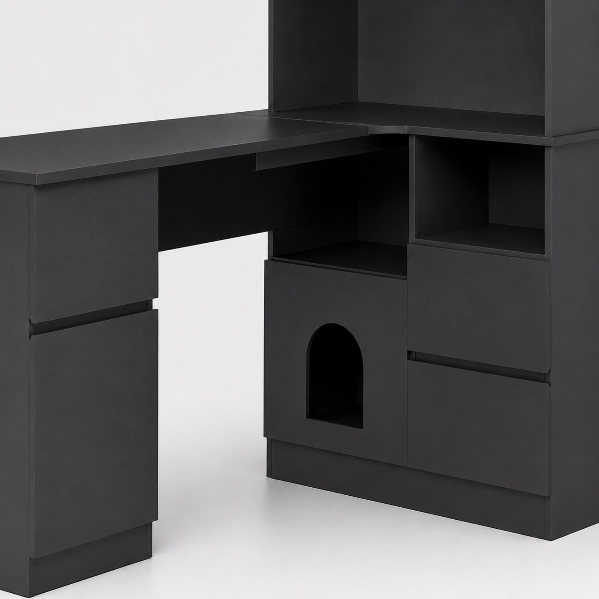 Bureau d’angle avec rangement noir et vitrine LED | StJean-Workspace