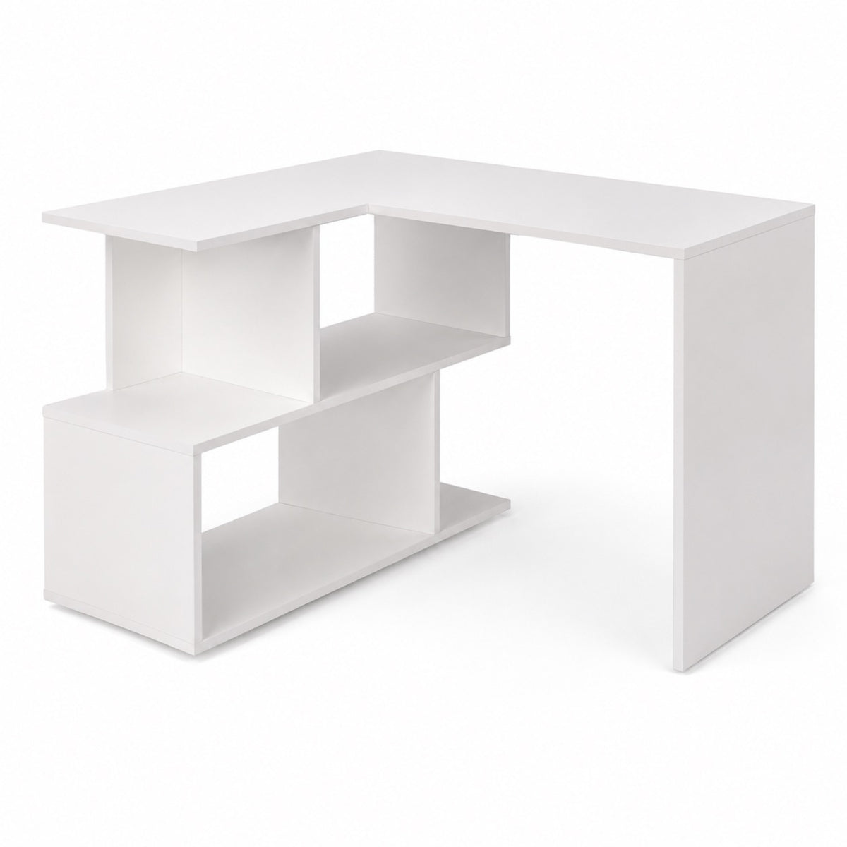 Bureau d'angle blanc avec rangement ouvert