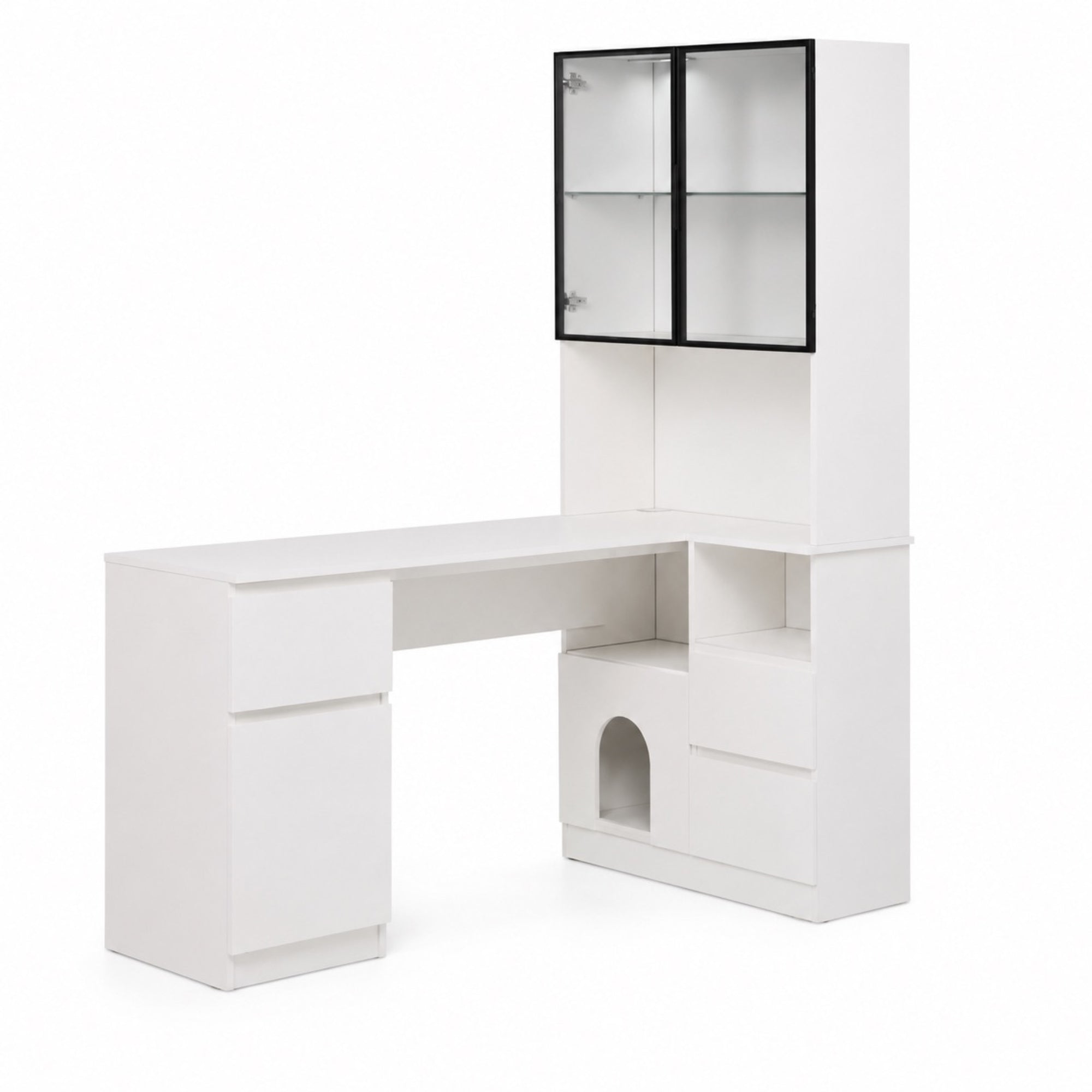 Bureau d’angle avec rangement noir et vitrine LED | StJean-Workspace