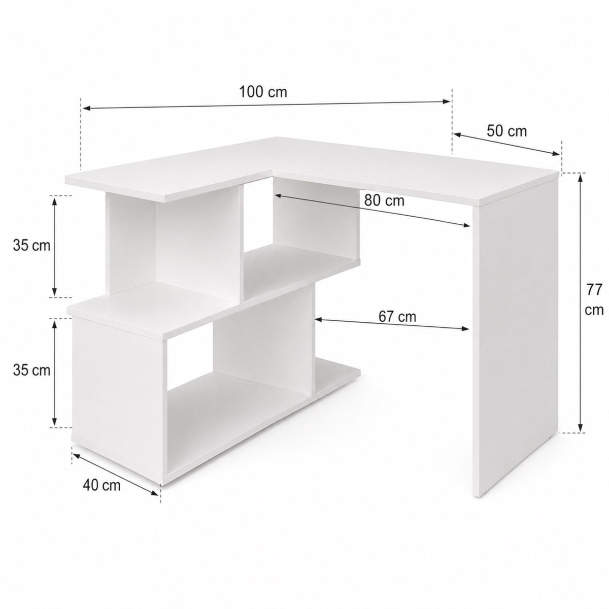 Bureau d'angle blanc avec rangement ouvert
