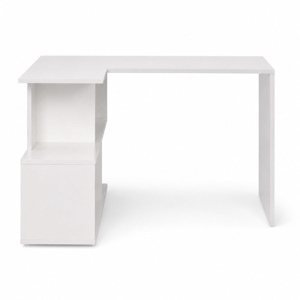 Bureau d'angle blanc avec rangement ouvert