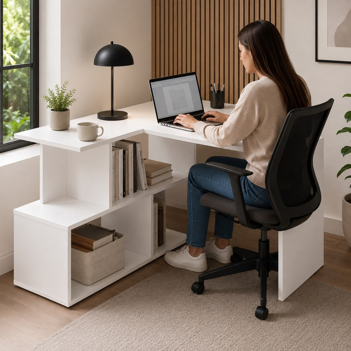 Bureau d'angle blanc avec rangement ouvert