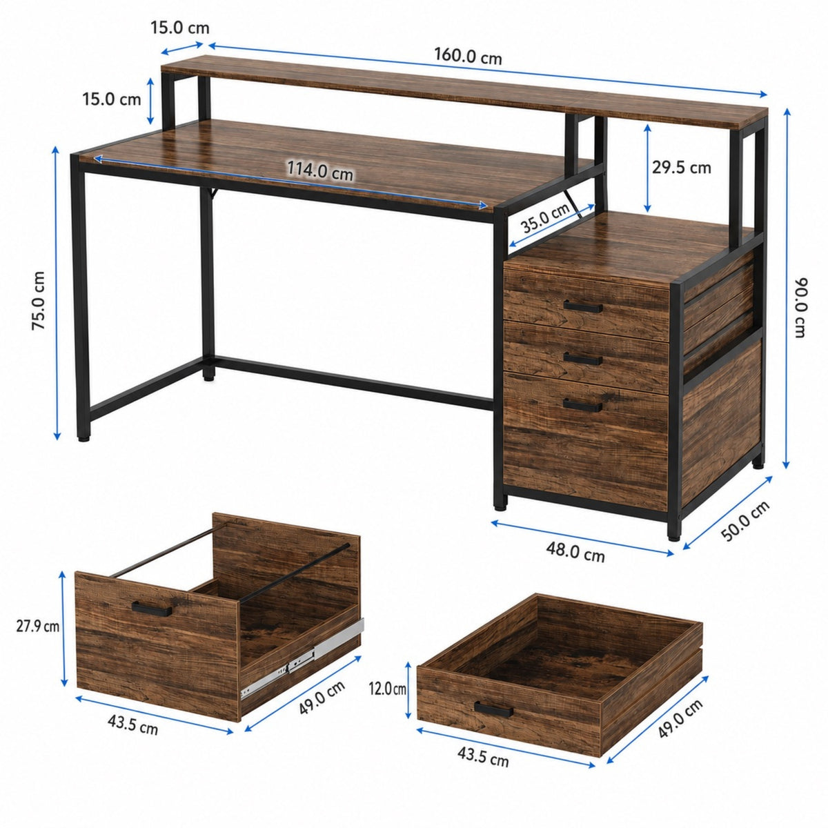Bureau avec rangement en bois et support écran