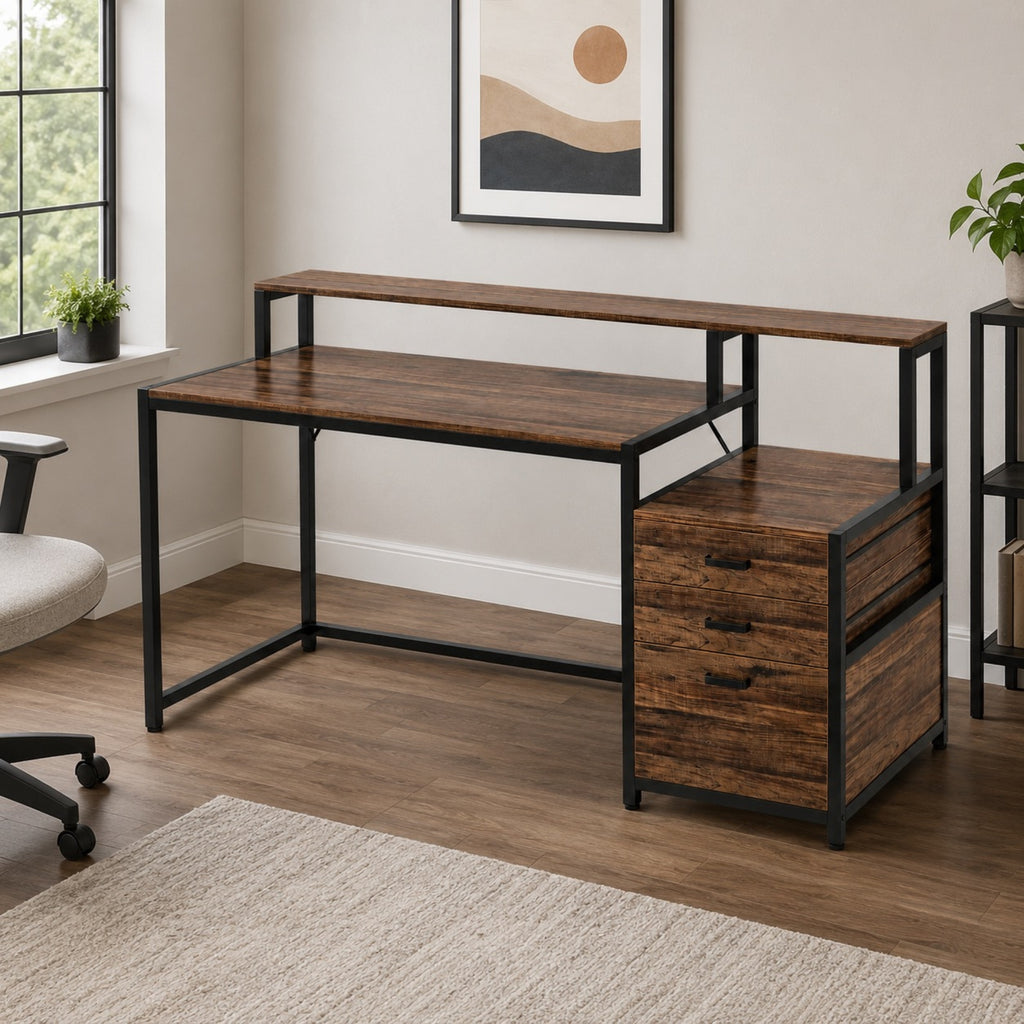 Bureau avec rangement en bois et support écran | StJean-Workspace