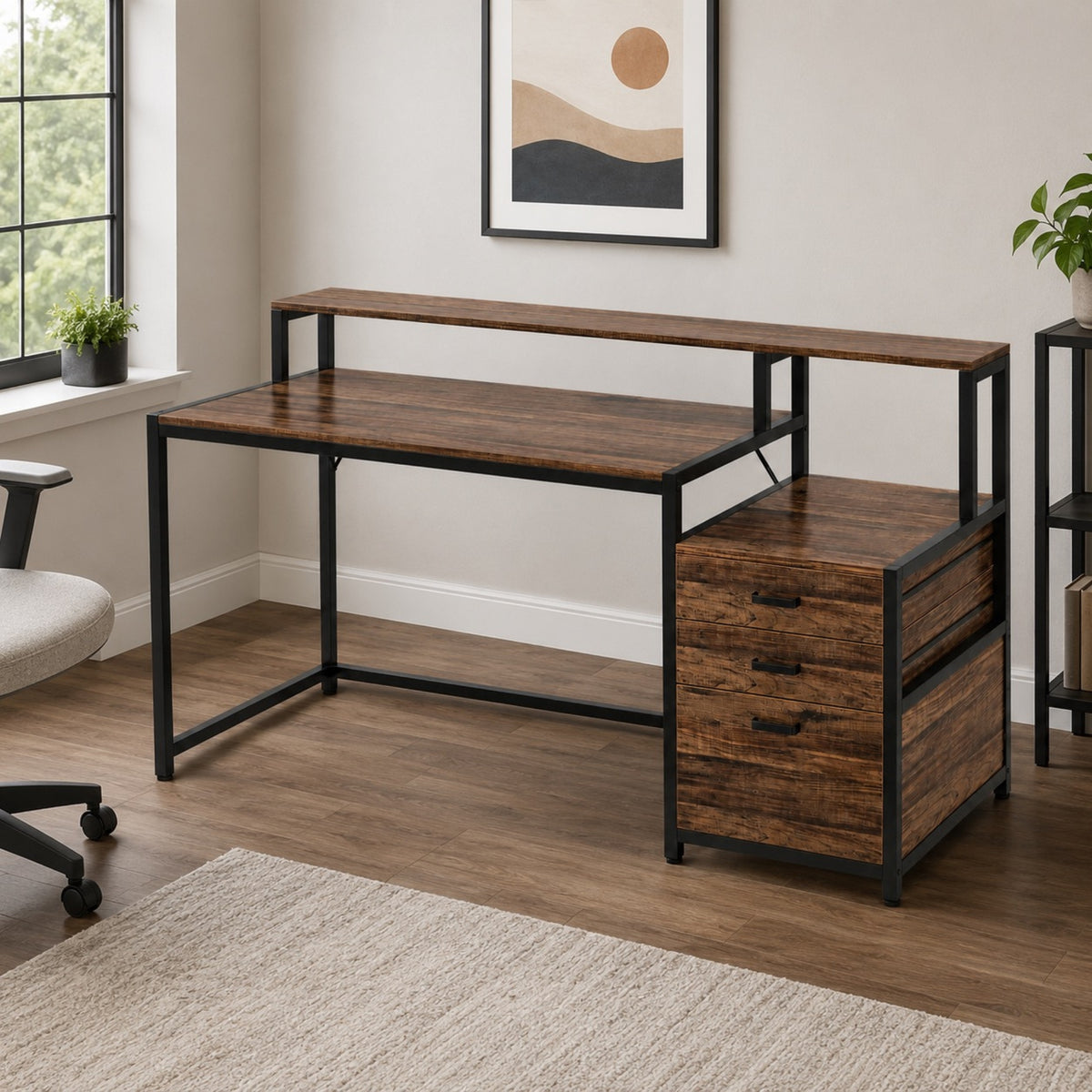 Bureau avec rangement en bois et support écran