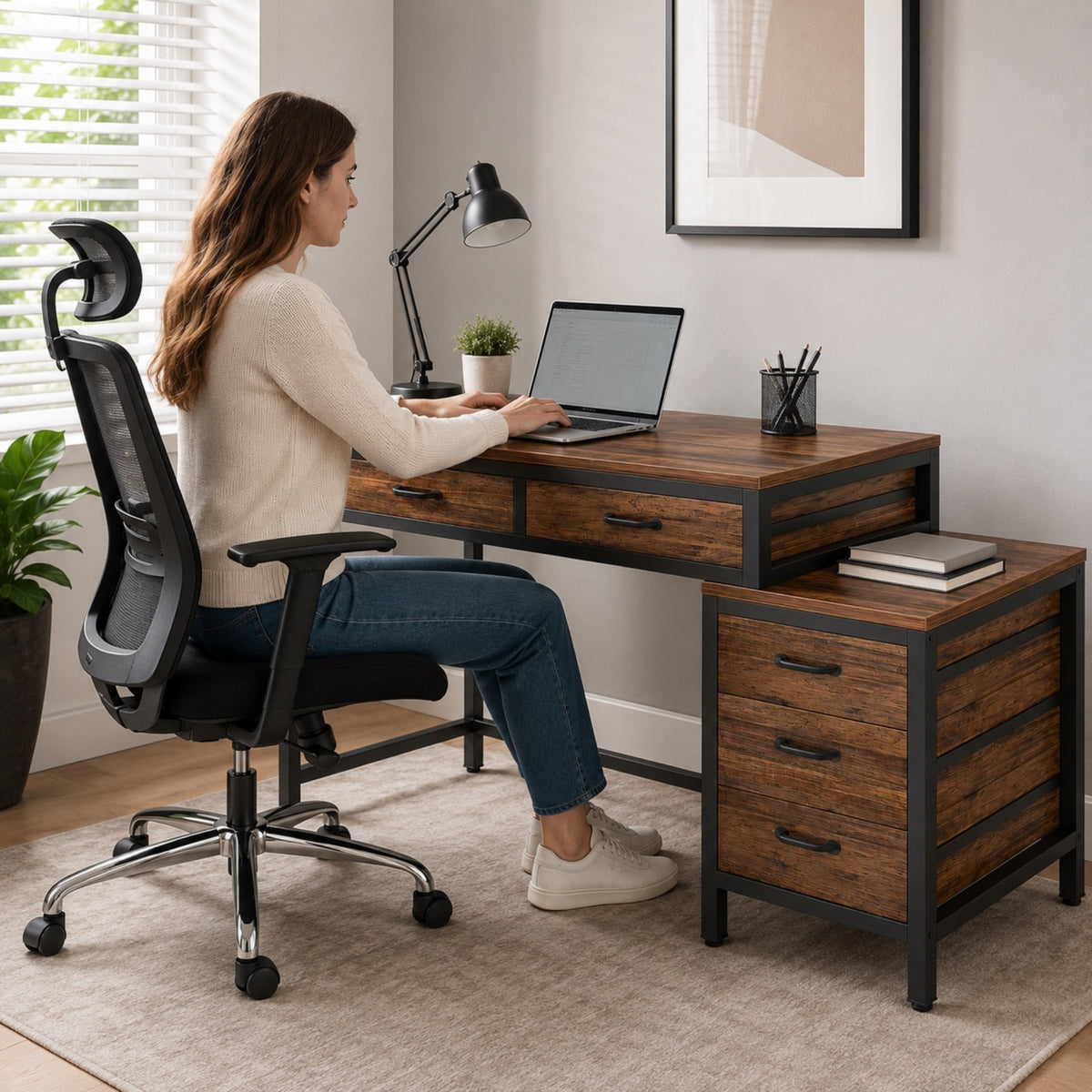 Bureau avec rangement en bois et tiroirs