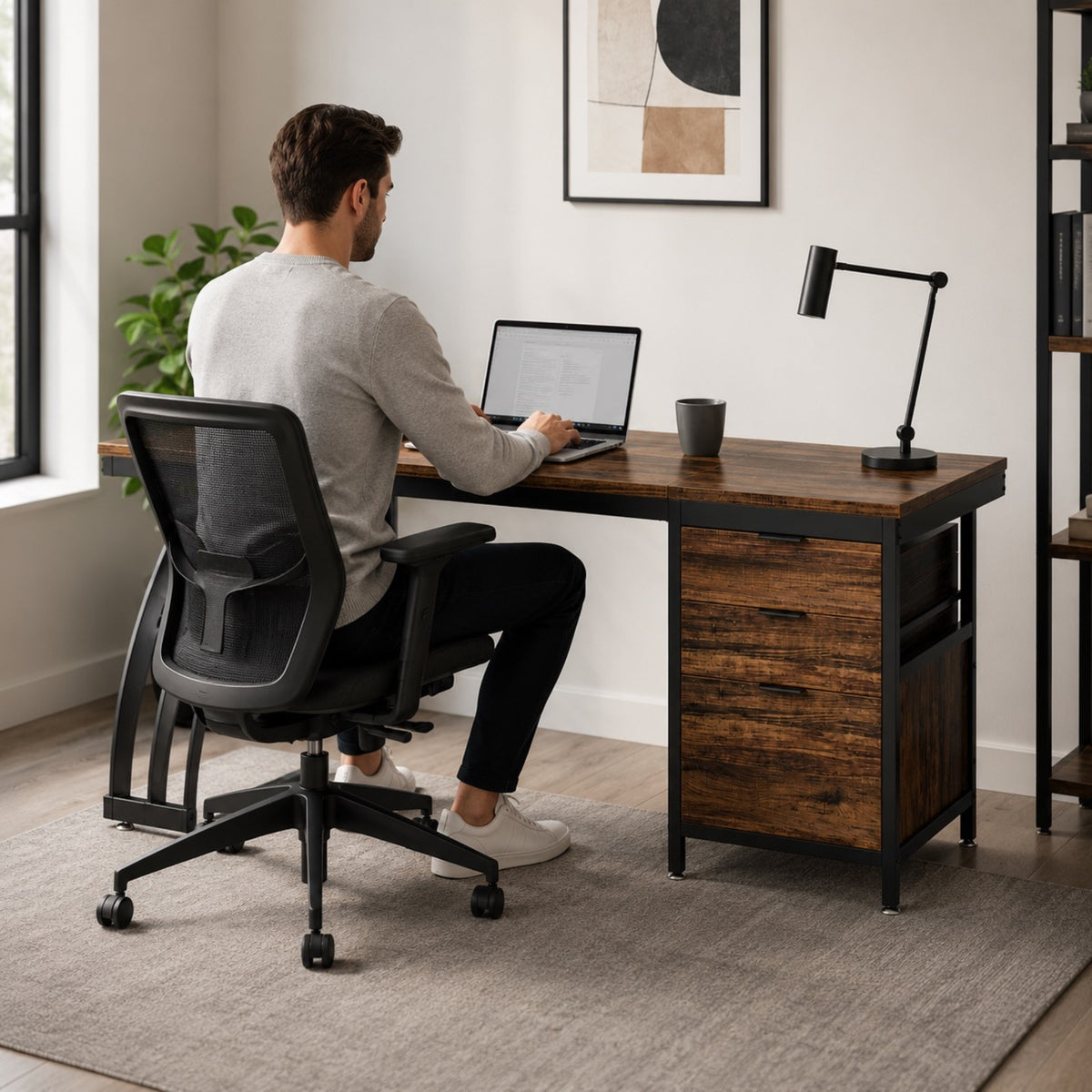 Bureau avec rangement en bois et caisson