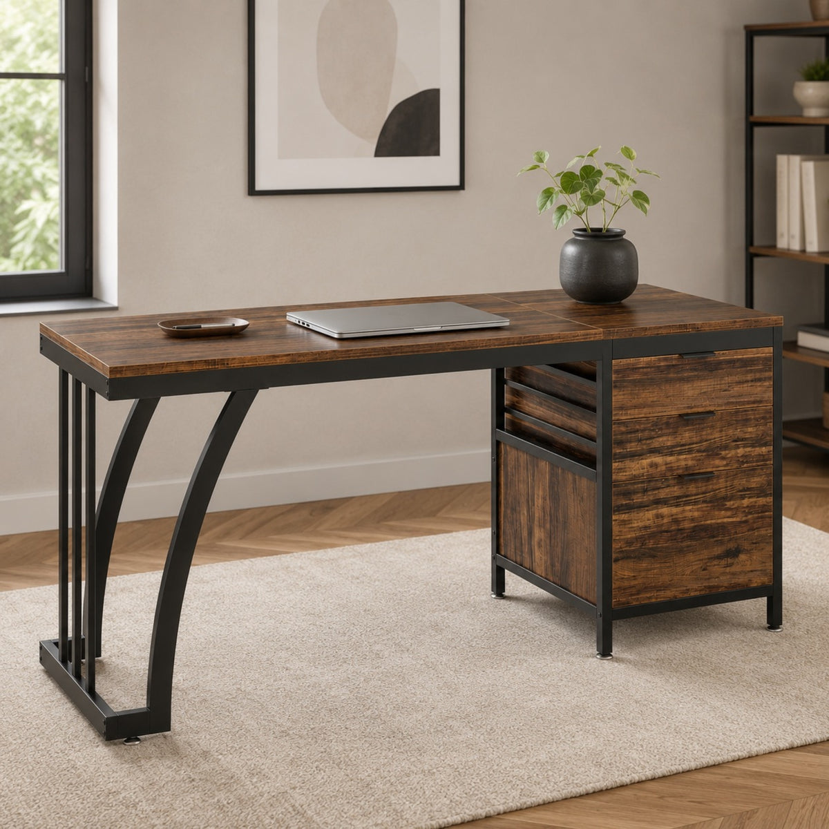 Bureau avec rangement en bois et caisson