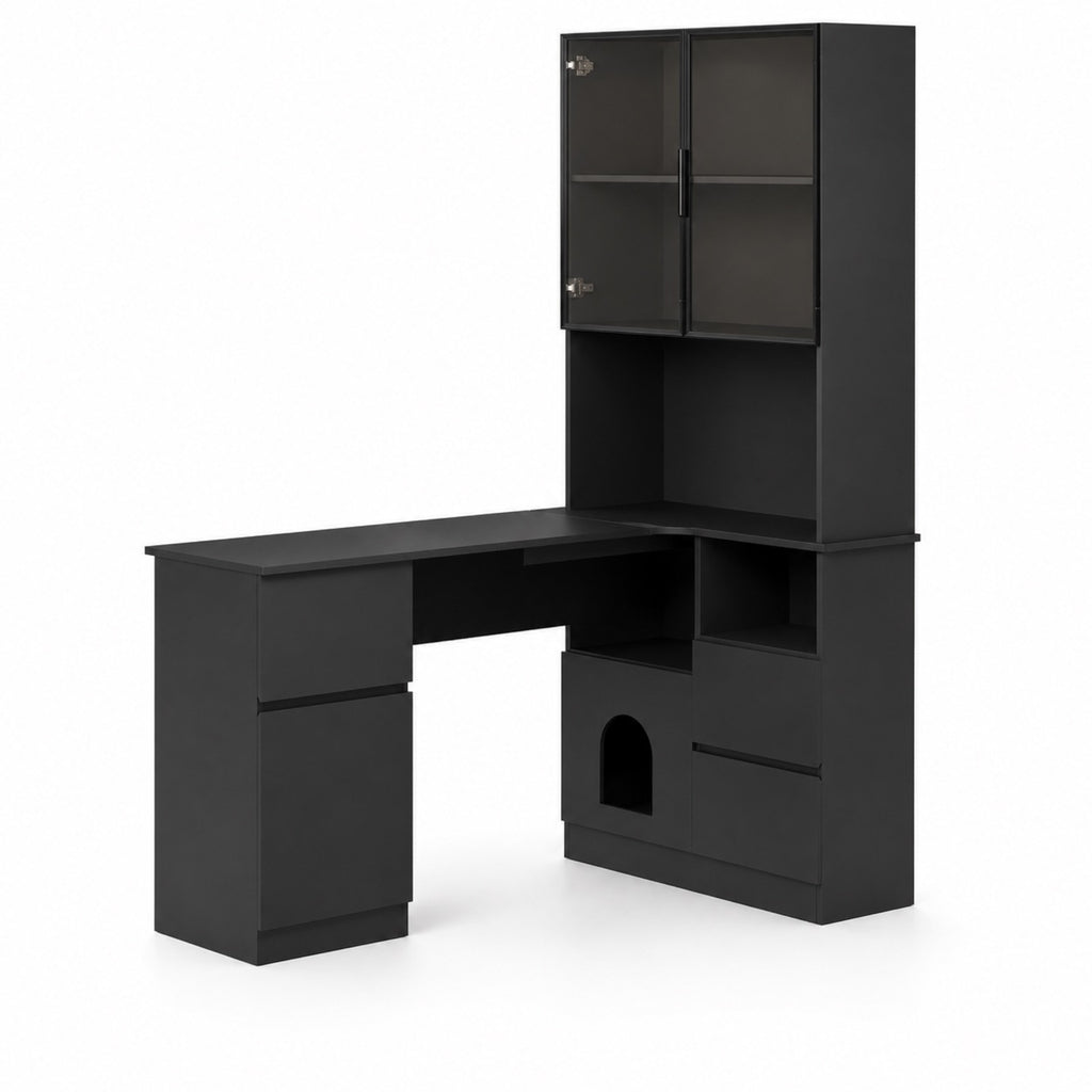 Bureau d’angle avec rangement noir et vitrine LED | StJean-Workspace