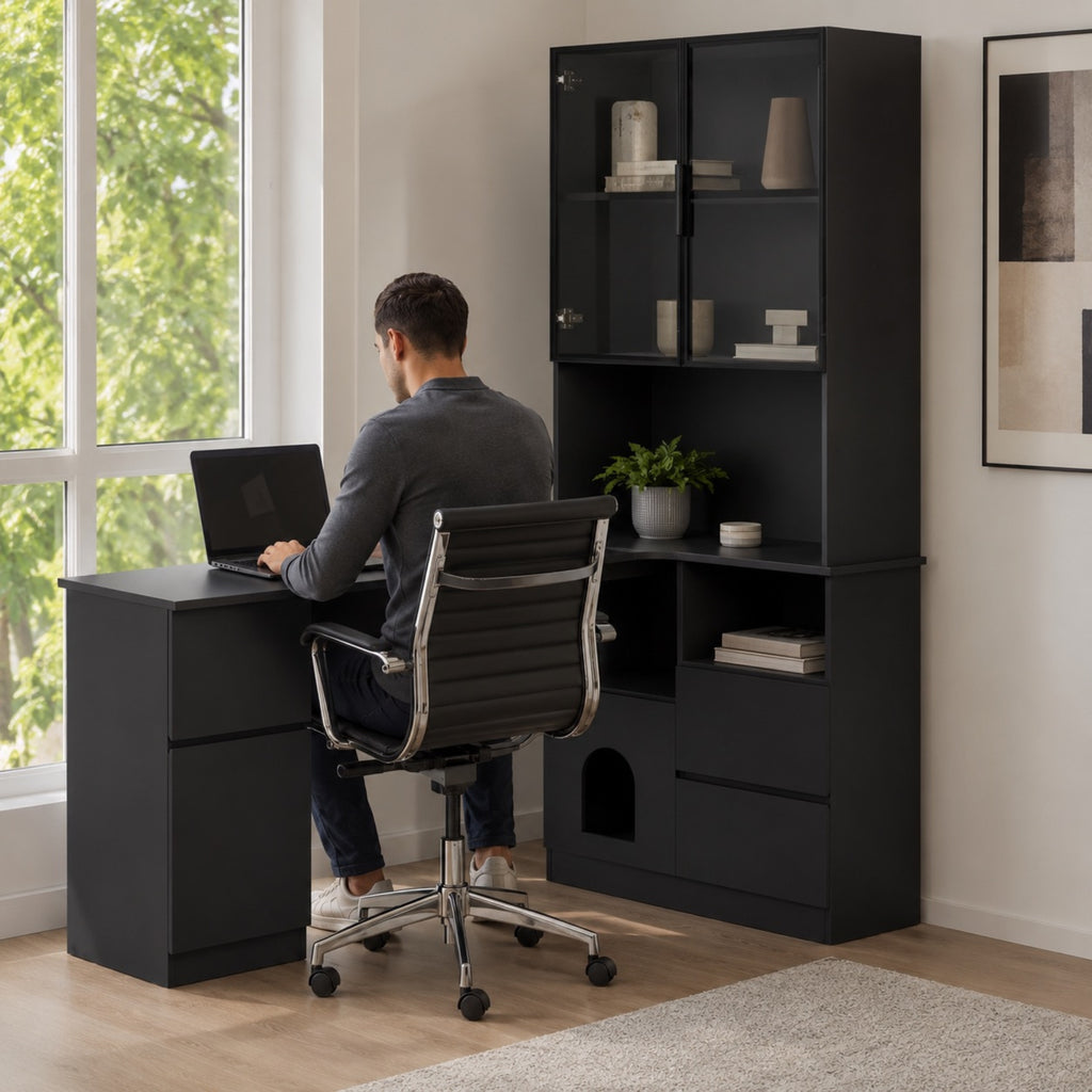 Bureau d’angle avec rangement noir et vitrine LED | StJean-Workspace