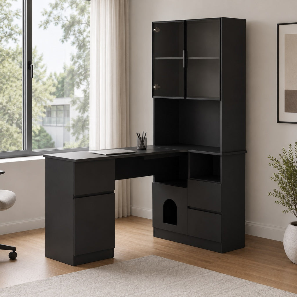 Bureau d’angle avec rangement noir et vitrine LED | StJean-Workspace