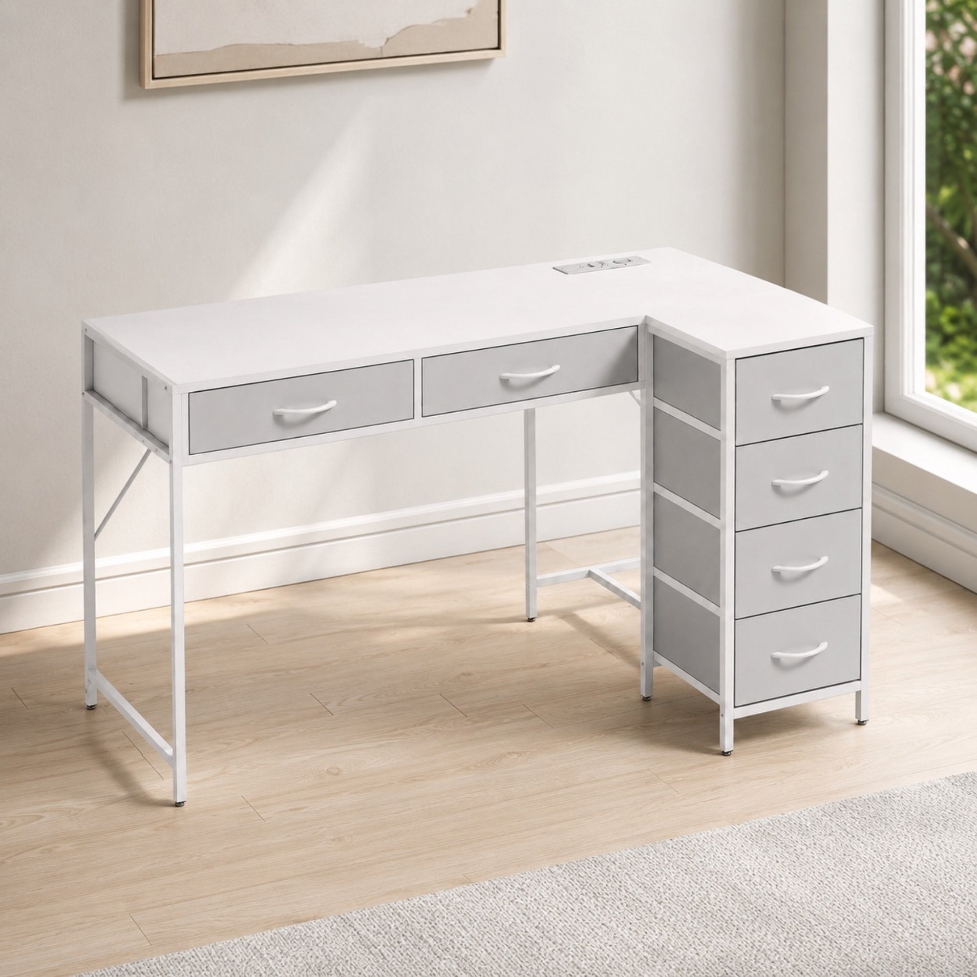 Bureau d’angle avec rangement réversible blanc | StJean-Workspace
