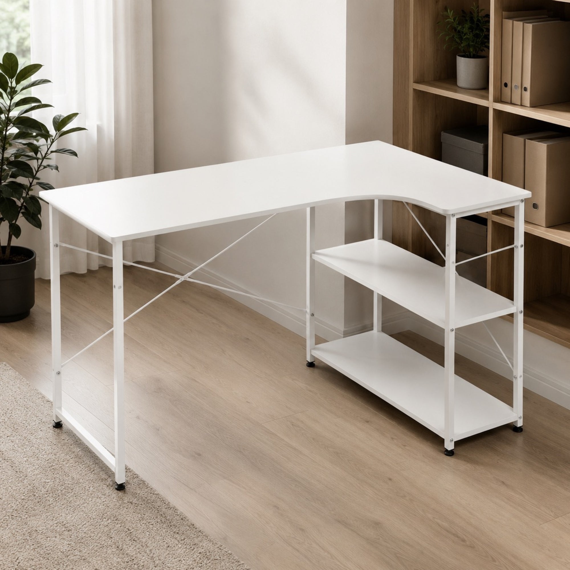 Bureau d’angle avec rangement blanc | StJean-Workspace