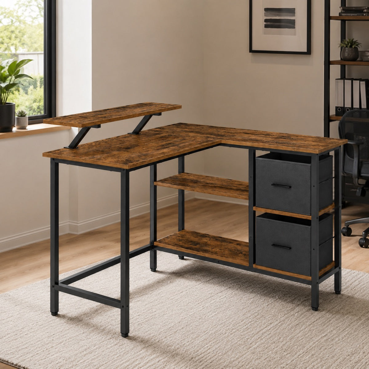 Bureau d'angle avec rangement, support pour écran