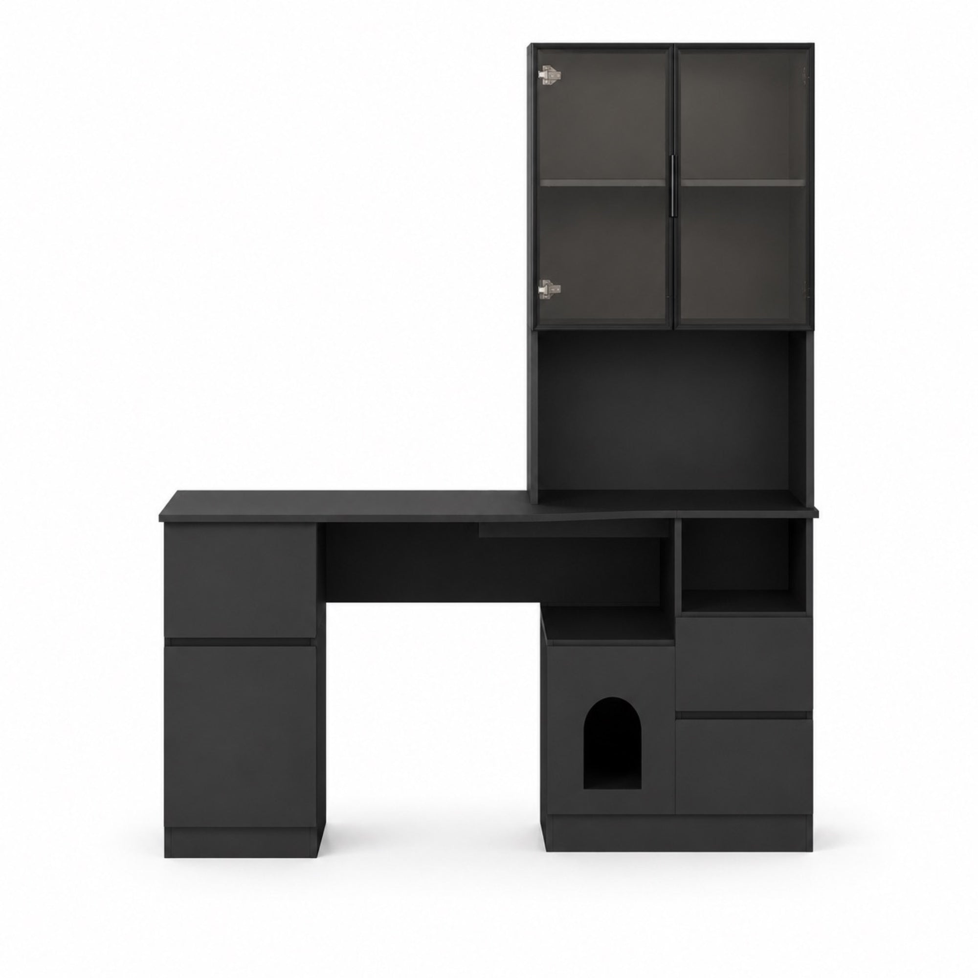 Bureau d’angle avec rangement noir et vitrine LED | StJean-Workspace
