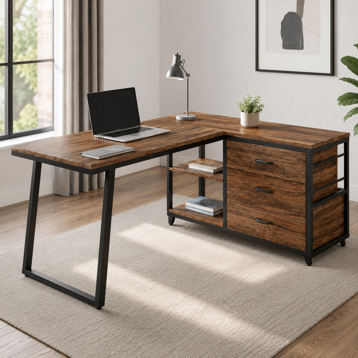 Bureau d'angle avec rangement en bois