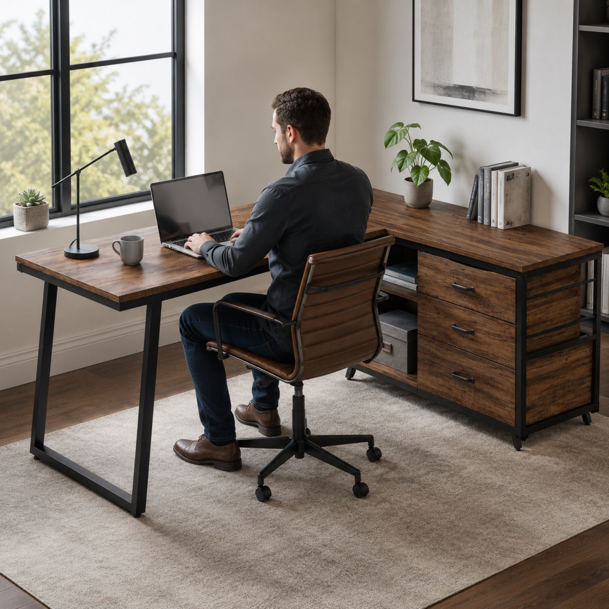Bureau d’angle avec rangement en bois | StJean-Workspace