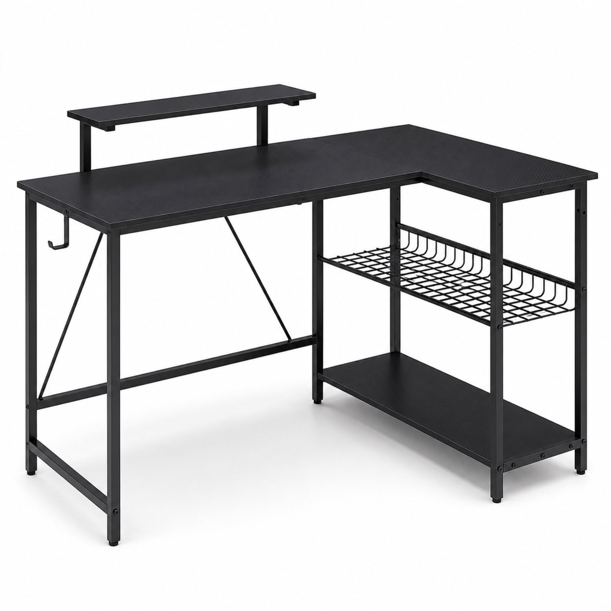 Bureau d’angle noir avec rangement et support écran | StJean-Workspace
