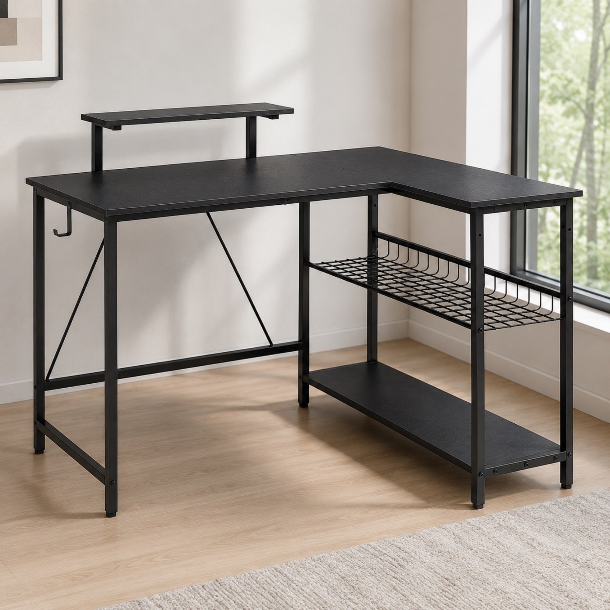 Bureau d’angle noir avec rangement et support écran | StJean-Workspace