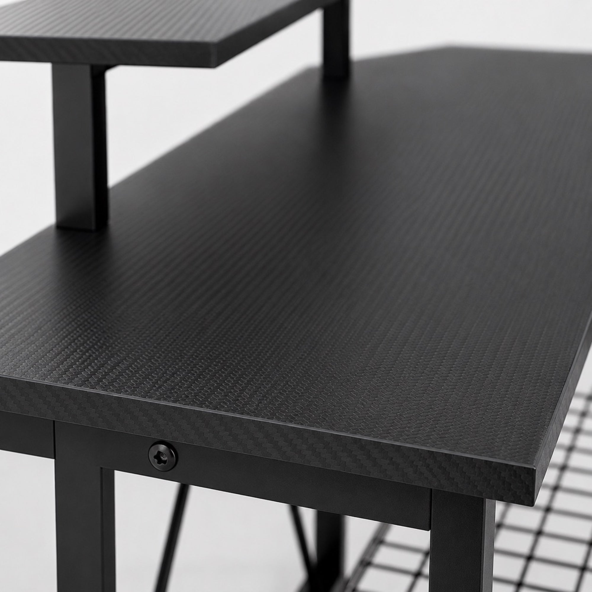 Bureau d’angle noir avec rangement et support écran | StJean-Workspace