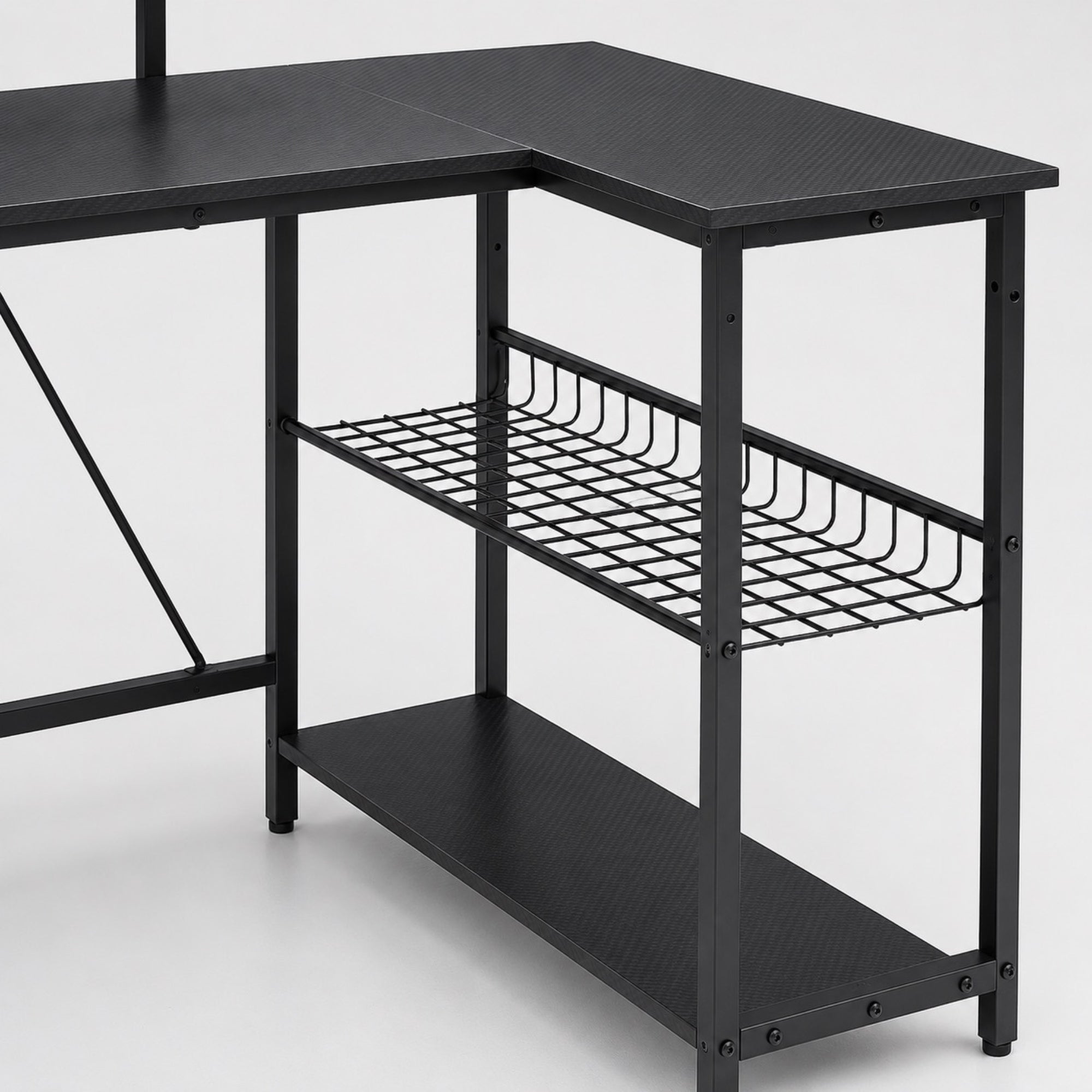Bureau d’angle noir avec rangement et support écran | StJean-Workspace