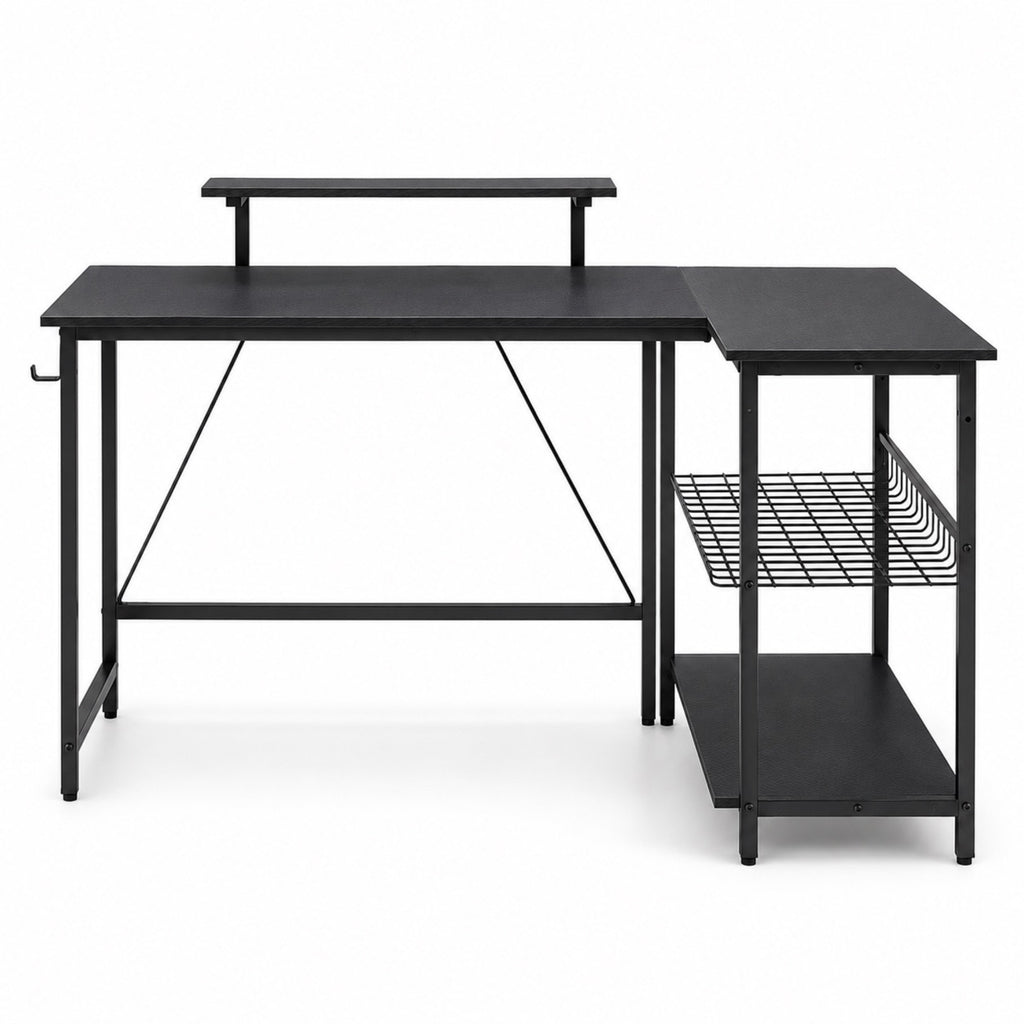 Bureau d’angle noir avec rangement et support écran | StJean-Workspace