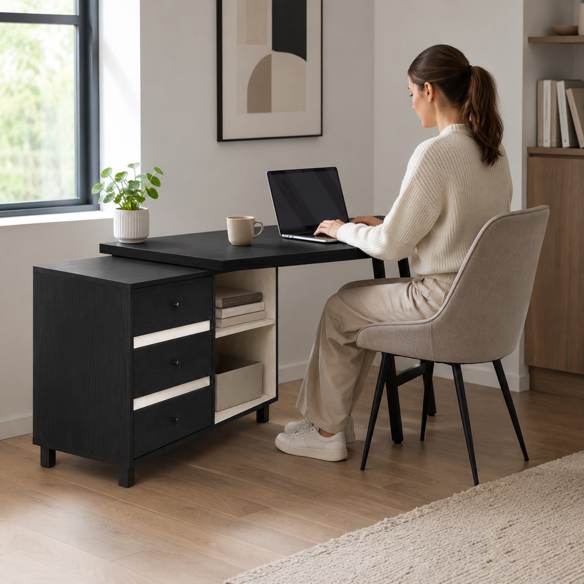Bureau d’angle noir avec rangements et tiroirs | StJean-Workspace