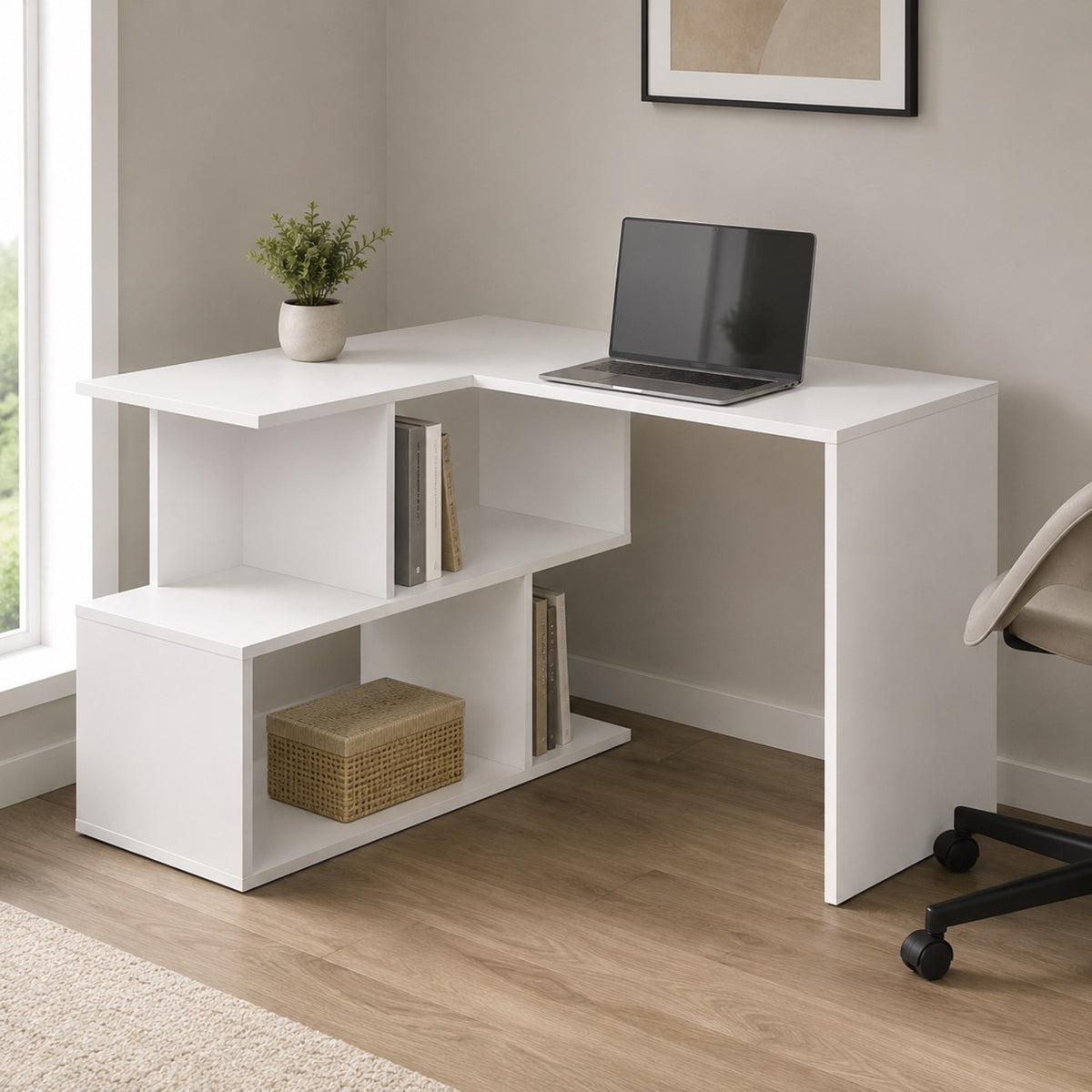 Bureau d'angle blanc avec rangement ouvert