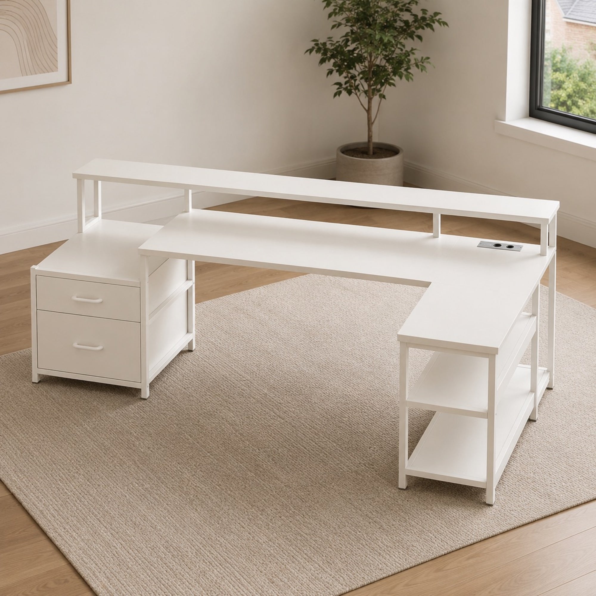 Bureau d’angle avec rangement, tiroirs et support écran | StJean-Workspace
