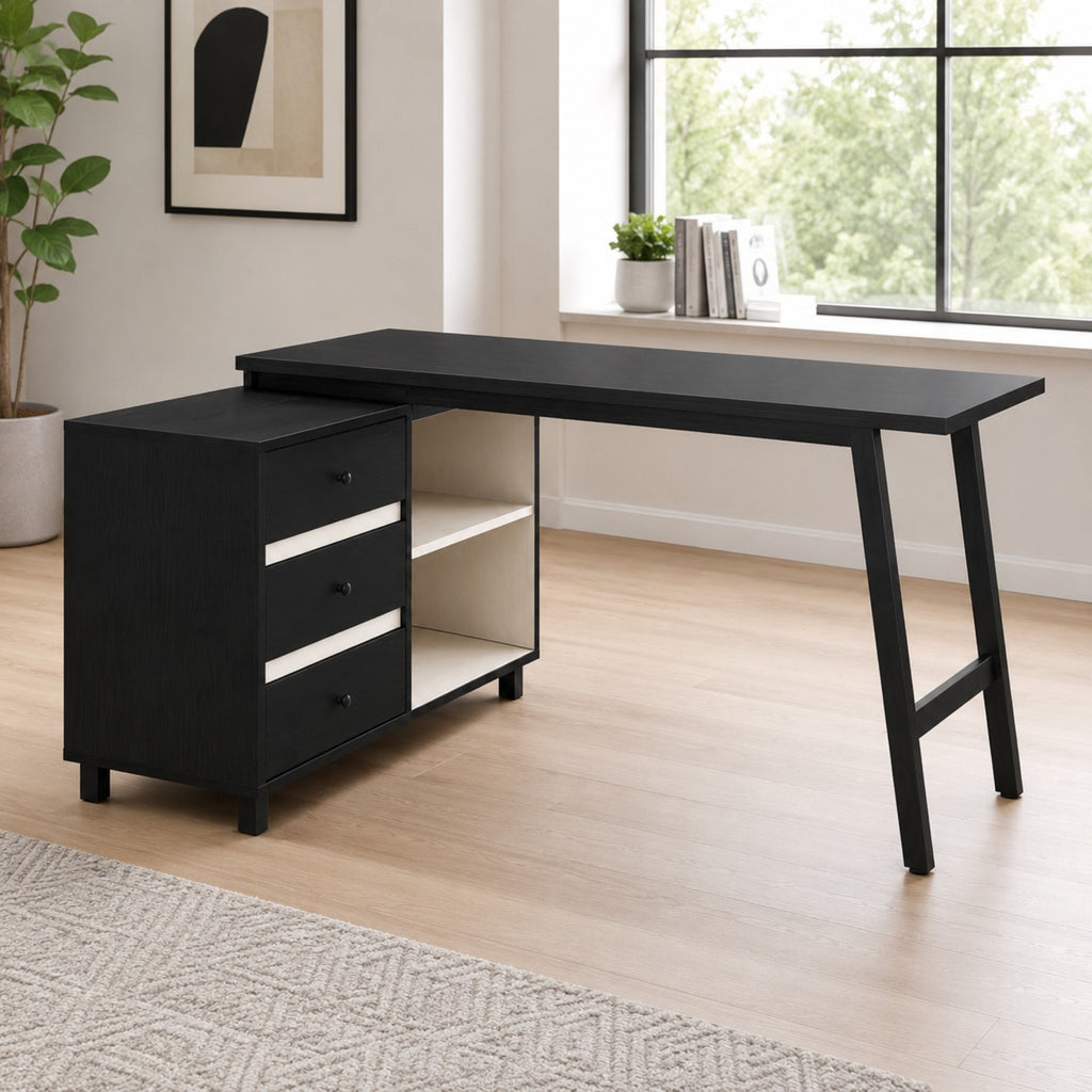 Bureau d’angle noir avec rangements et tiroirs | StJean-Workspace