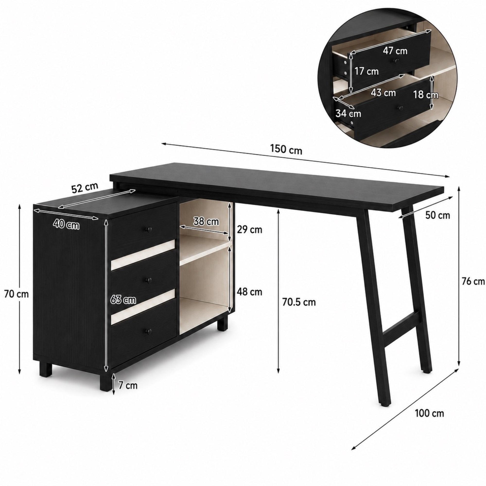 Bureau d’angle noir avec rangements et tiroirs | StJean-Workspace