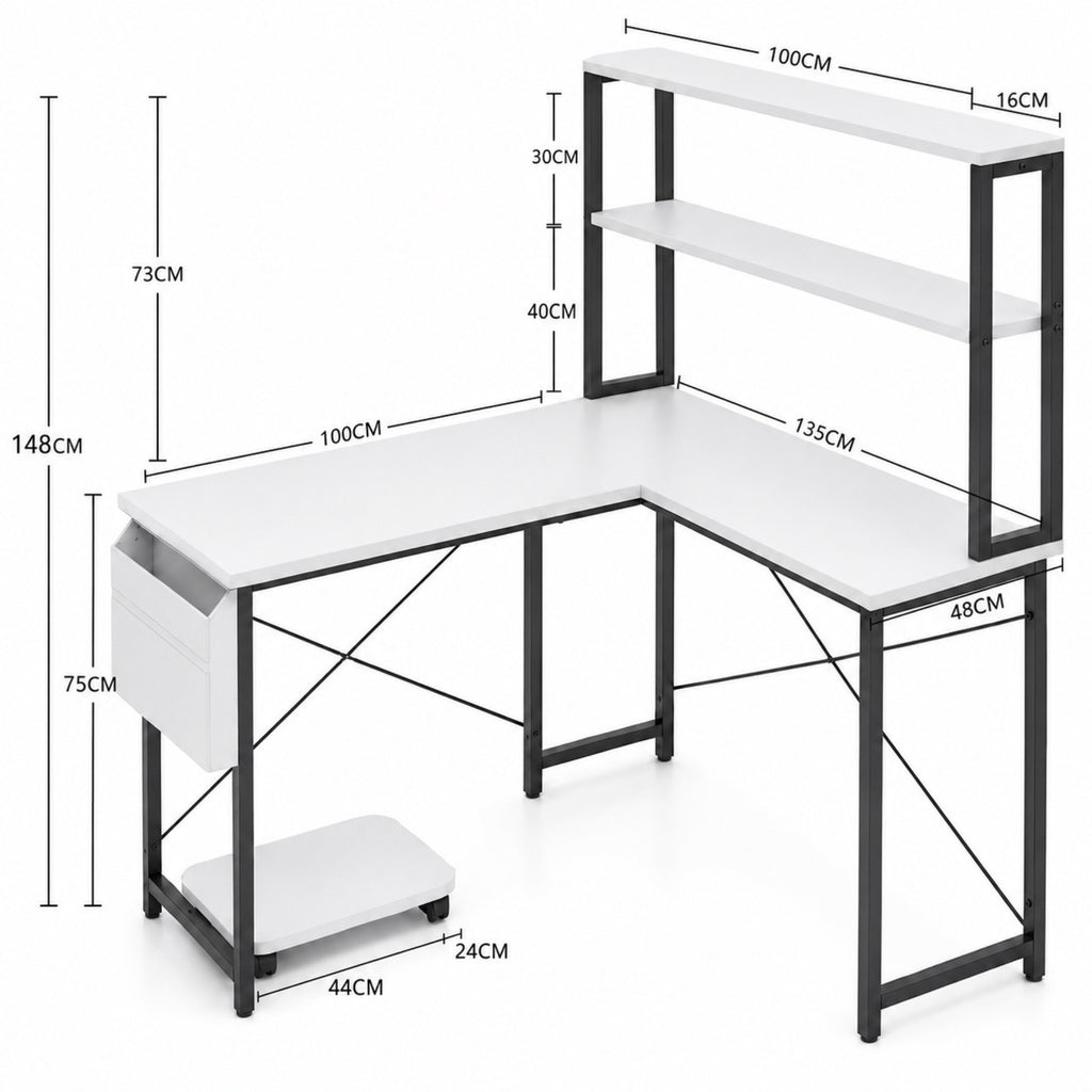 Bureau d’angle blanc avec étagères, rangement et LED RGB | StJean-Workspace