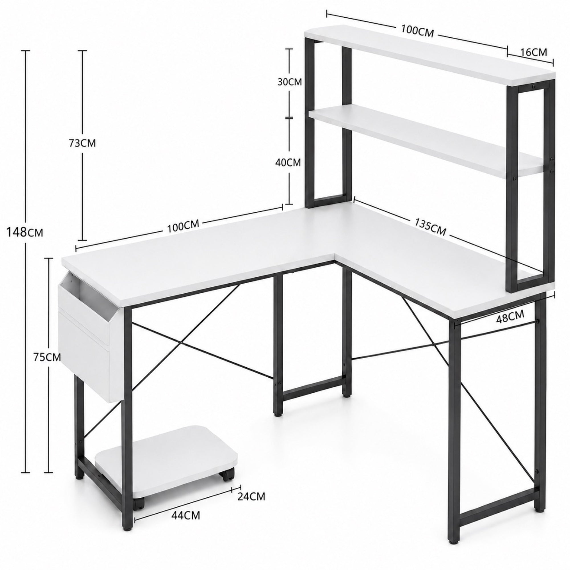 Bureau d’angle blanc avec étagères, rangement et LED RGB | StJean-Workspace