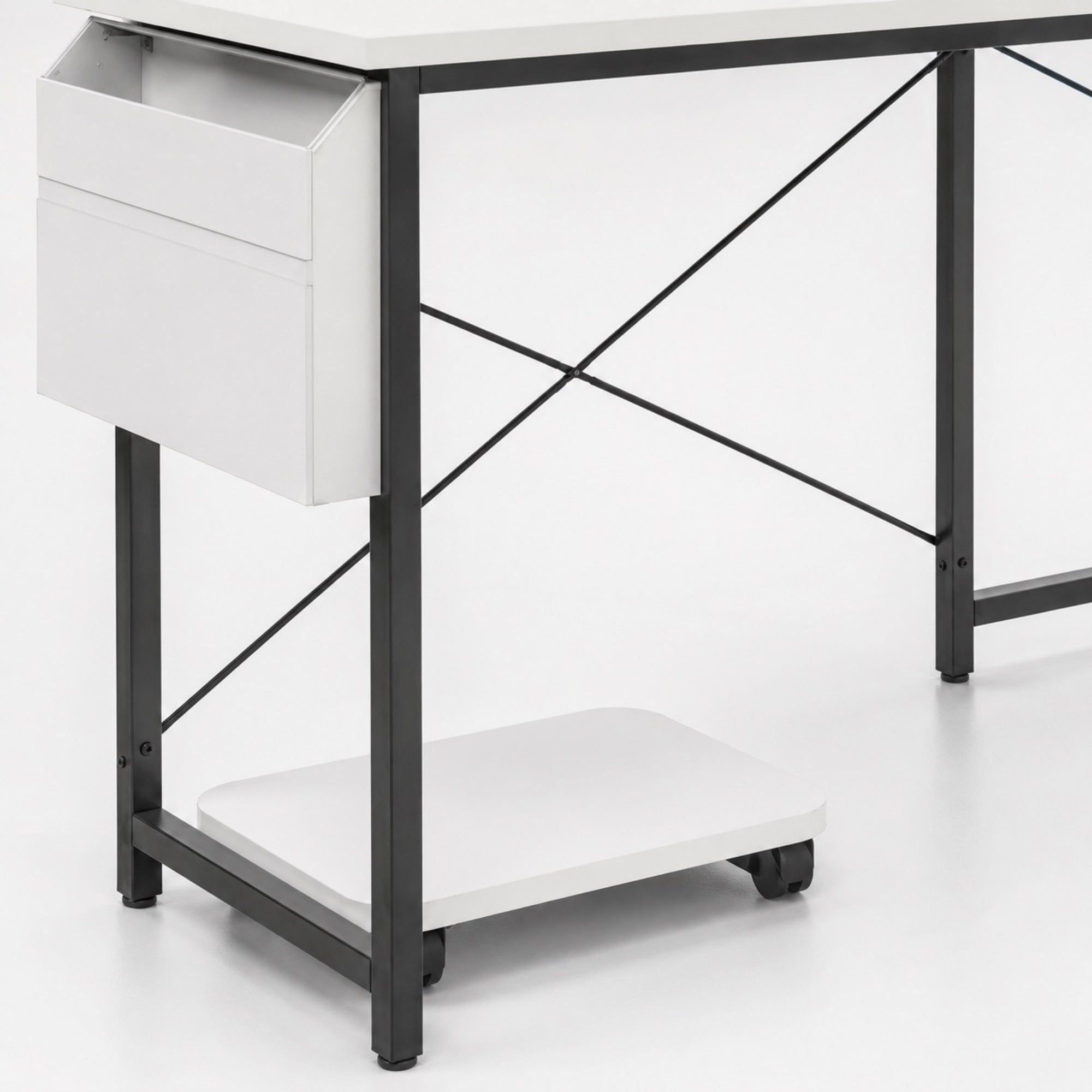 Bureau d’angle blanc avec étagères, rangement et LED RGB | StJean-Workspace