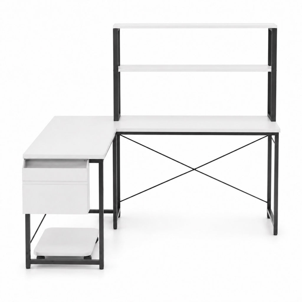 Bureau d’angle blanc avec étagères, rangement et LED RGB | StJean-Workspace