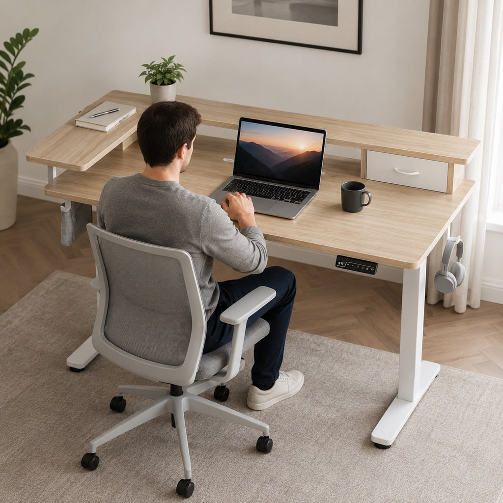 Bureau assis-debout électrique beige avec rangement | StJean-Workspace
