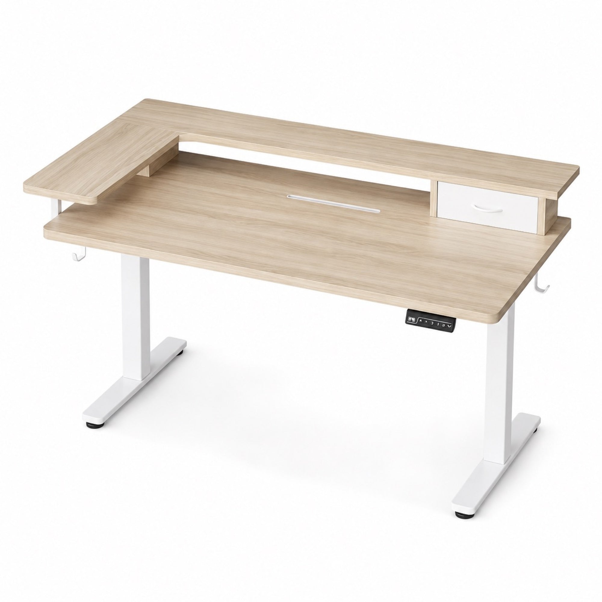Bureau assis-debout électrique beige avec rangement | StJean-Workspace