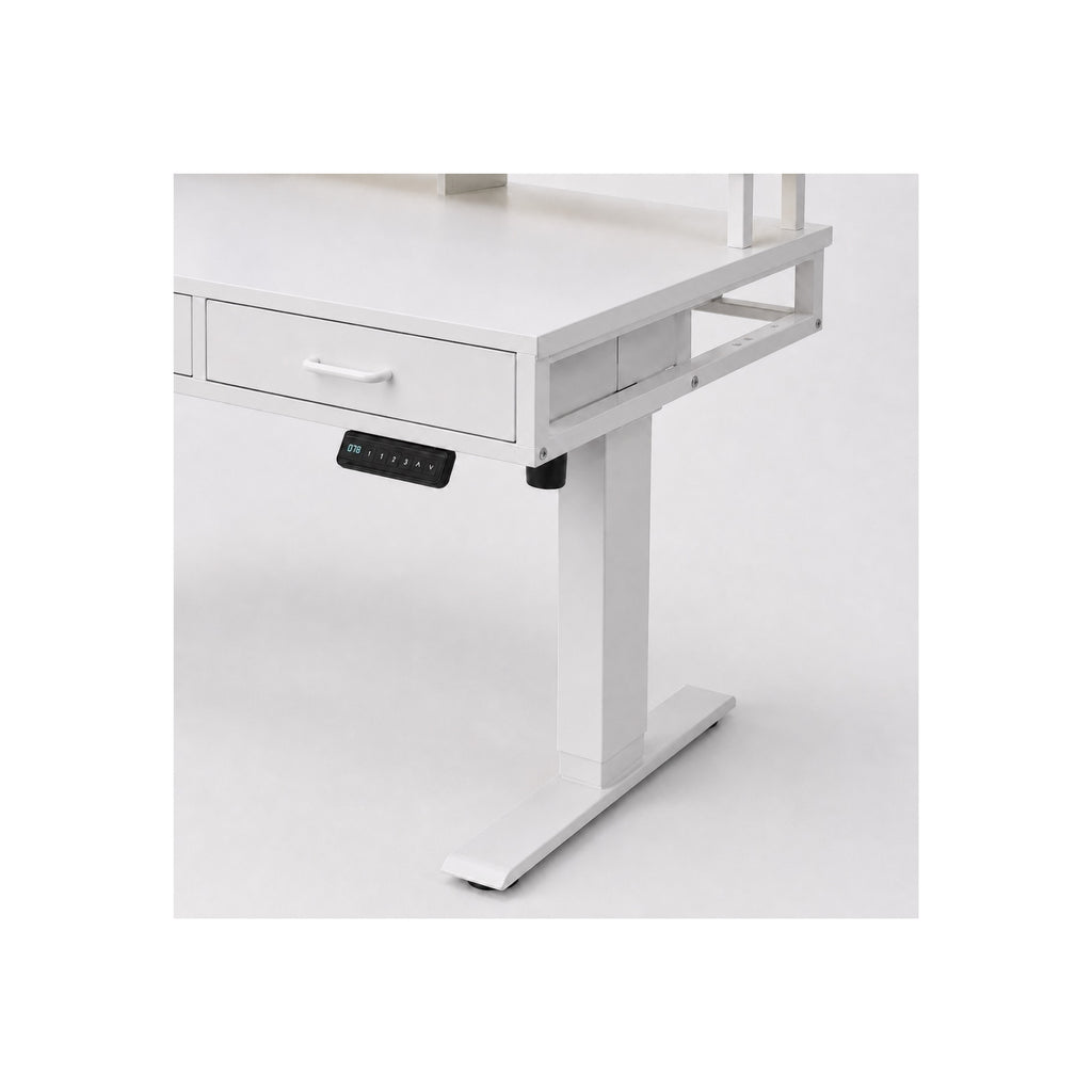Bureau assis-debout électrique blanc avec rangement et LED | StJean-Workspace