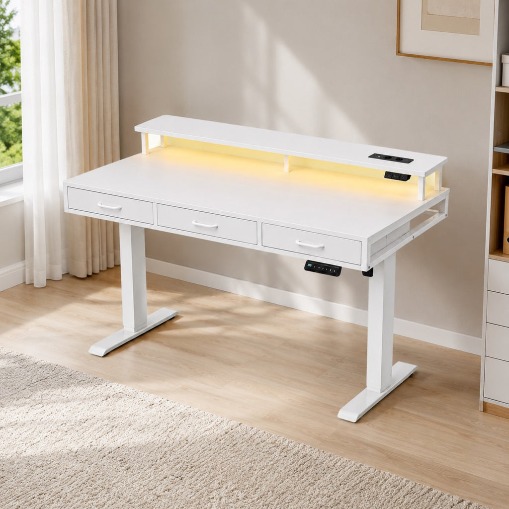 Bureau assis-debout électrique blanc avec rangement et LED | StJean-Workspace
