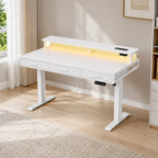 Bureau assis-debout électrique blanc avec rangement et LED | StJean-Workspace